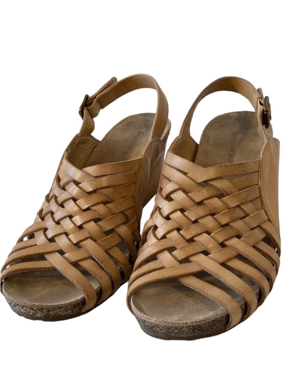 Chocolat Blu Eliana 41 Woven Tan Leather Wedge Sandals